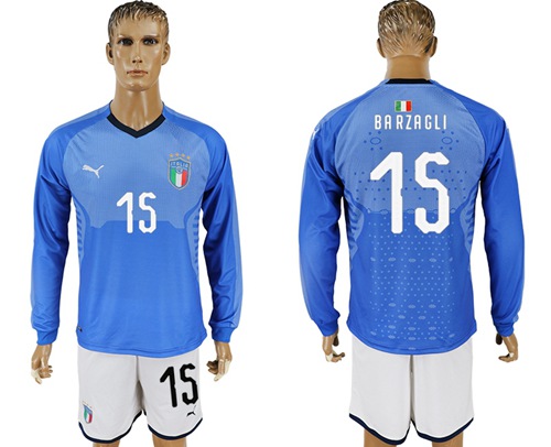 Italy #15 Barzagli Blue Home Long Sleeves Soccer Country Jersey - Click Image to Close